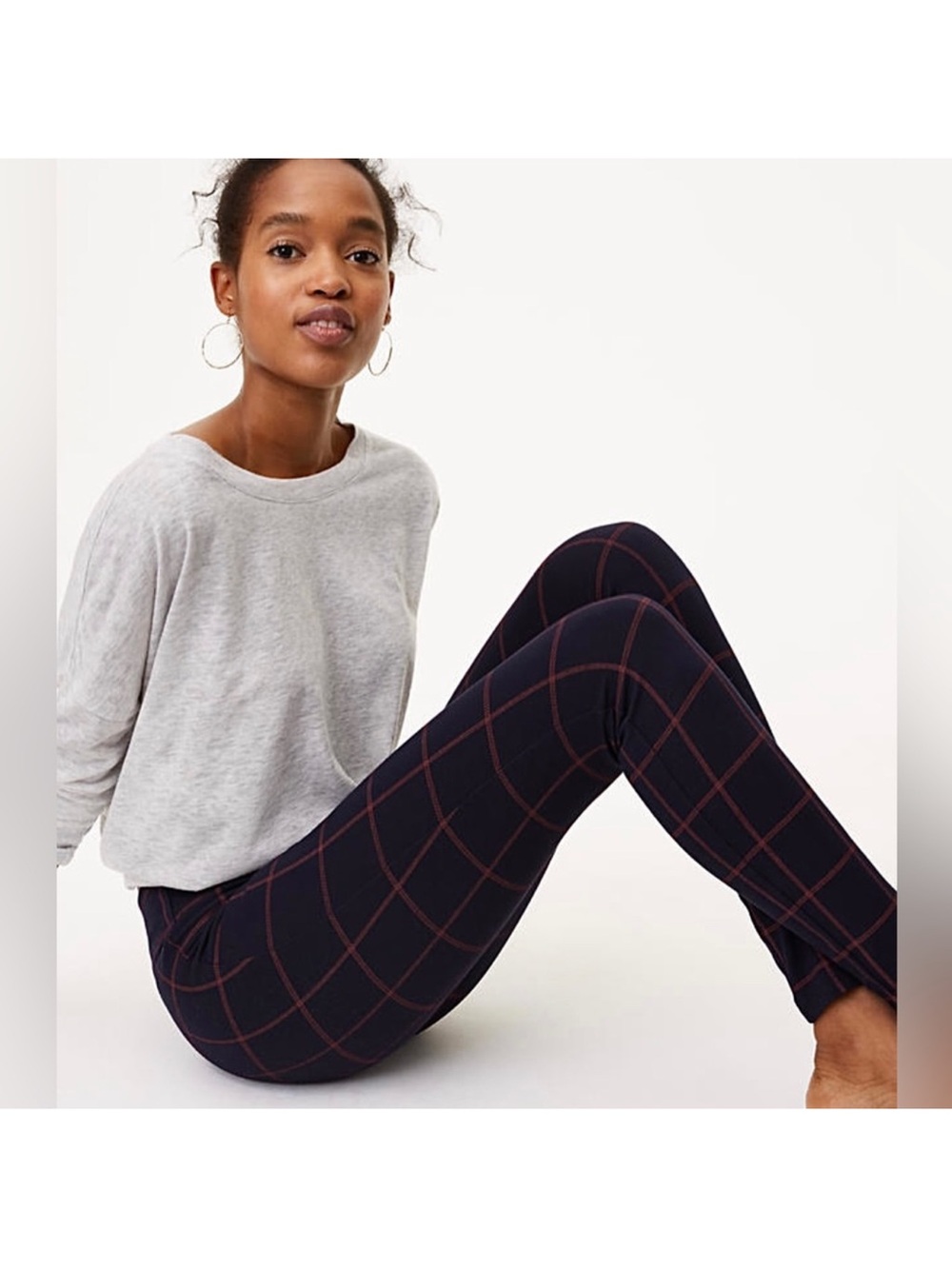 LOFT Navy Windowpane Plaid Pull-On Skinny Pants